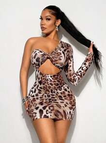 Sirith Leopard Print One Shoulder Cut-Out Twist Sexy Mini Dress Fall Cloth For Women - Multicolor - View 5