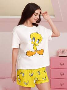 LOONEY TUNES X SHEIN 女士可爱崔弟鸟印花短袖上衣和短裤睡衣套装，夏季休闲