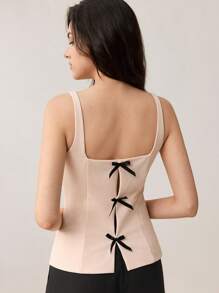 BizChic Áo dệt kim không tay hở lưng, thanh lịch, lãng mạn với nơ thắt cổ dành cho nữ, đa năng, phù hợp cho công sở, thường ngày và mặc đi làm. - Màu be - Xem 2