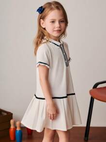 PrepCrw Young Girls Colorblock Ribbon Decor Polo Collar Pleated Hem Dress, College Style For Spring/Summer - White - View 6