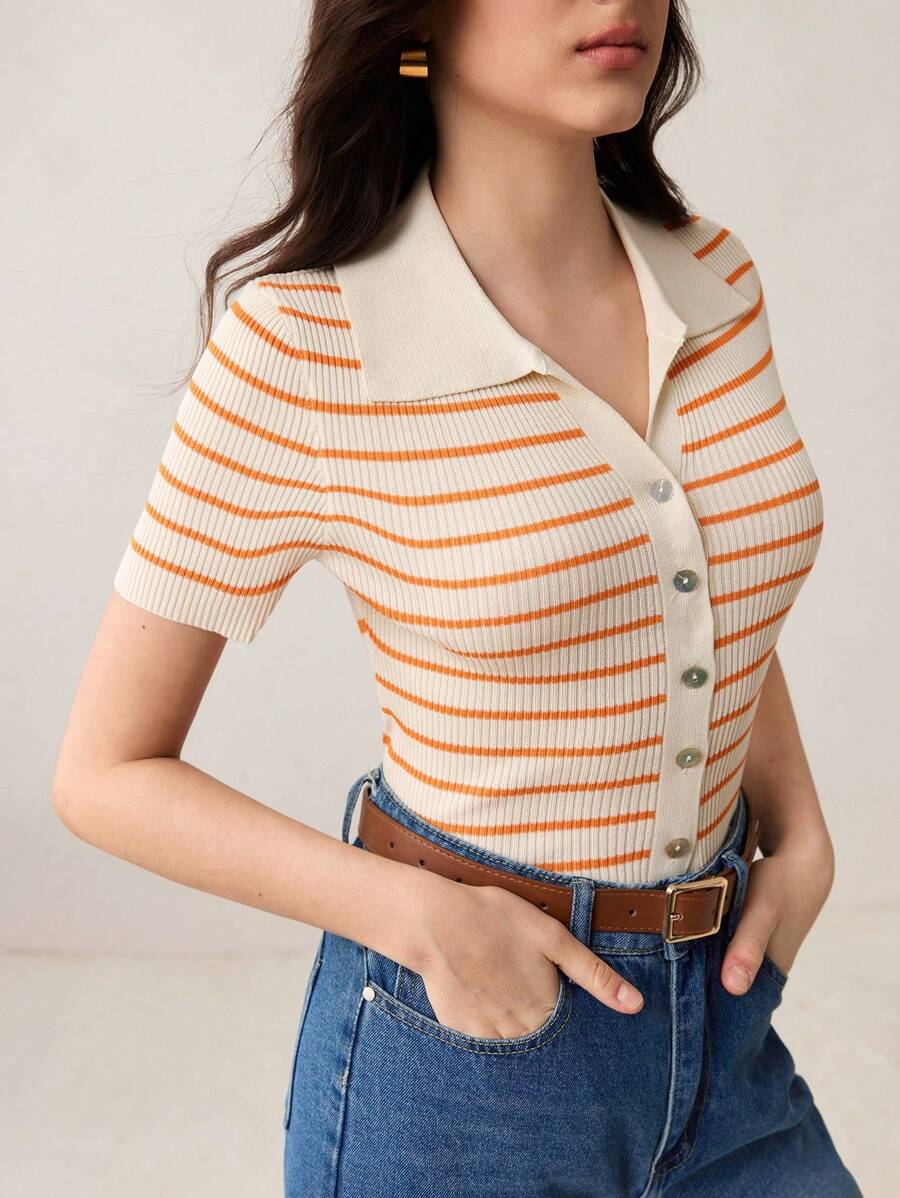 BizChic Áo dệt kim tay ngắn cài cúc, cổ bẻ, kẻ sọc dành cho nữ, kiểu dáng hiện đại, thanh lịch, phù hợp cho công sở, đi làm hàng ngày, phong cách retro thập niên 90, Giáng sinh và Năm mới, lãng mạn, dự tiệc Valentine, đi biển, lễ tốt nghiệp, lễ hội, kỳ nghỉ, phong cách giản dị tối giản, thích hợp cho khách dự đám cưới, chủ nhà, hẹn hò, tiệc tùng, hòa nhạc, bữa sáng muộn, sân bay, nhiều dịp khác nhau. - trái cam - Xem 1