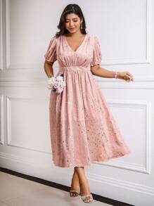 SHEIN Belle 大码 V 领金属光泽宽松优雅派对连衣裙 - 粉色 - 查看 7