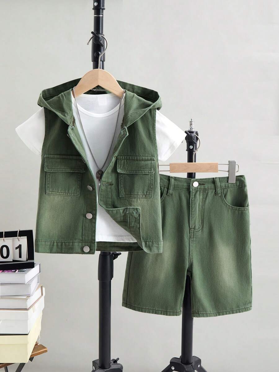 SHEIN Tween Boy Solid Color Hooded Vest, Sleeveless Short Minimalist Fashion Suit, Suitable For Summer,Holiday,Summer,Travel - Army Green - View 1