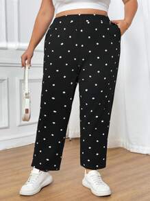 SHEIN CURVE+ 大码女式波尔卡圆点印花休闲裤，带口袋和侧开衩，度假新年女式冬季情人节商务休闲女式飘逸裤，女式夏季，波尔卡圆点 - 黑與白 - 查看 6