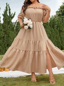 Breezaya Holidaya LUNE Women's Short Sleeve Dress With Ruffle Ruffle And Cinched Waist Detail Maxi Women Outfit - Apricot - View 4