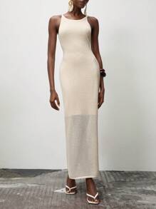 Lumivelle Summer Minimalist Textured Knit Camisole Dress - Apricot - View 4