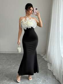 Rafferiza Women's Romantic Elegant 3D Floral Chiffon Organza Flowers Wedding Guest High Elastic Fabric Birthday Dresses Evening Dress Tube Concert Outfit Bandeau Fishtail Party/Holiday/Date 2025 New Long Dress - Black - View 3