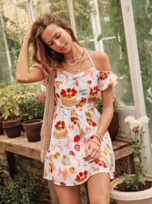 Easelle 2025 Summer Vintage Cut-Out Shoulder Cake Print Fashionable Butter Yellow Dress Vacation Outfits Women - Multicolor - View 3