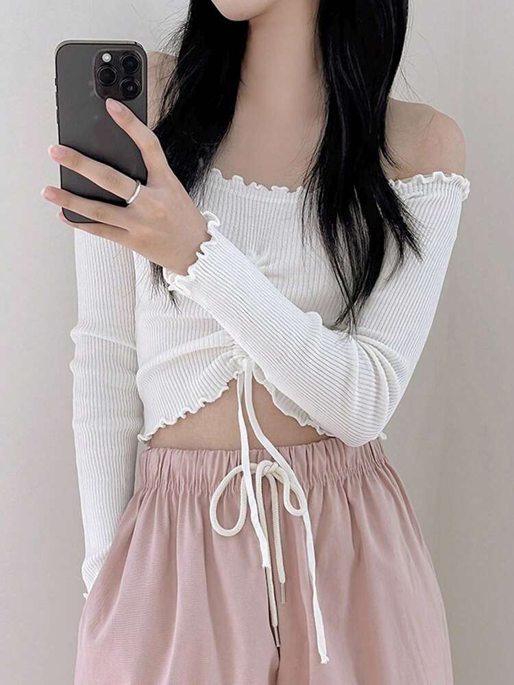 Off-Shoulder Pleated Form-Fitting Short Women T-Shirt,Off Shoulder Top