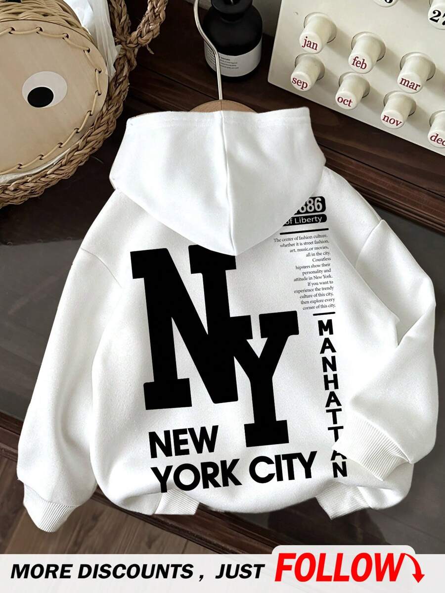 SHEIN 青少年男孩休闲简约纽约卡通图案宽松厚连帽运动衫秋冬季 - 白色 - 查看 1