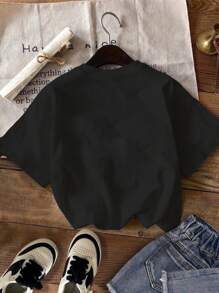 SHEIN Leap Crew Áo thun cổ tròn tay ngắn họa tiết trái tim ngôi sao đơn giản dễ thương dành cho bé gái tuổi teen, phù hợp cho mùa xuân/hè - màu đen - Xem 2