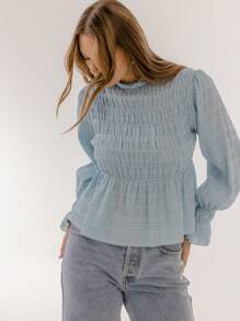 Aralina Boho Chic Shirred Long Sleeve Dobby Blouse - Dusty Blue - View 8