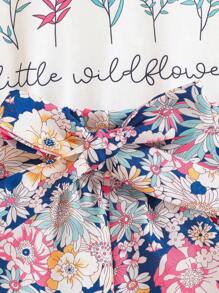 SHEIN 2pcs/Set Young Girl Flower Print Top And Shorts Casual Vacation Outfit, School, Campus, College