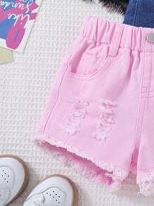 SHEIN Vintaside Kids 女婴纯色破洞下摆口袋休闲牛仔短裤 - 彩色 - 查看 6