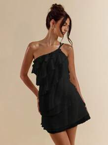 SHEIN BAE Váy ngắn lá sen xếp lớp màu mơ đơn sắc cho kỳ nghỉ hè trên bãi biển, phù hợp cho hẹn hò hàng ngày, đi chơi đêm, hộp đêm, tiệc tùng, tụ tập, tiệc cocktail, tiệc hồ bơi, quần áo mùa tựu trường, váy mùa đi học, váy ngày lễ, quần áo lễ hội âm nhạc, quần áo lễ hội nhạc đồng quê, quần áo hòa nhạc - màu đen - Xem 4