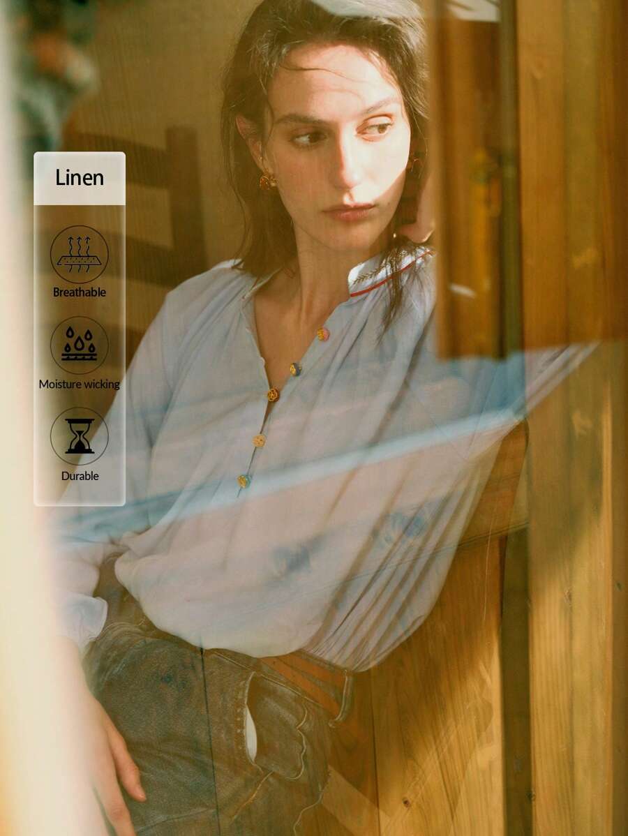 Chiquease Áo sơ mi vải lanh dài tay dáng ôm vừa vặn dành cho nữ có cổ đứng thêu, viền ruy băng tương phản và nút, trang phục thường ngày cho công sở và đường phố - Màu xanh lam - Xem 1