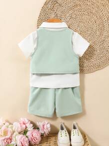 3 Stück/Set Kleinkind Jungen Gentlemen Outfit: grün-graue Weste + weißes Hemd + Shorts, geeignet für Hochzeit, Party, Blumenjunge, Lässig & Süß - Verschiedenfarbig - Übersicht 2