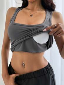 DAZY Minimalist Versatile Waist Pleated Arched Hem Square Neck Cami Top With Built-In Padding For Women - Grey - View 5