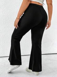 SHEIN PETITE Plus Size & Petite Women Casual Elegant Commuter Knit High Waist Stretchy Fitted Flare Pants - Black - View 2