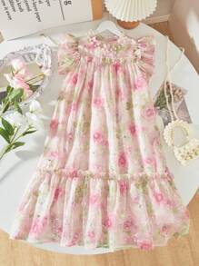 Tween Girls' Elegant Rose Print Chiffon Dress, Summer - Multicolor - View 1