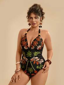 Travachic Plus Size Casual Summer Tropical Beach Black Geometric Floral Print V-Neck Halter One-Piece Swimsuit For Women