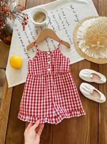 SHEIN Babygirl 可爱红色格子吊带背心连体衣，休闲夏季 - 紅白色 - 查看 1