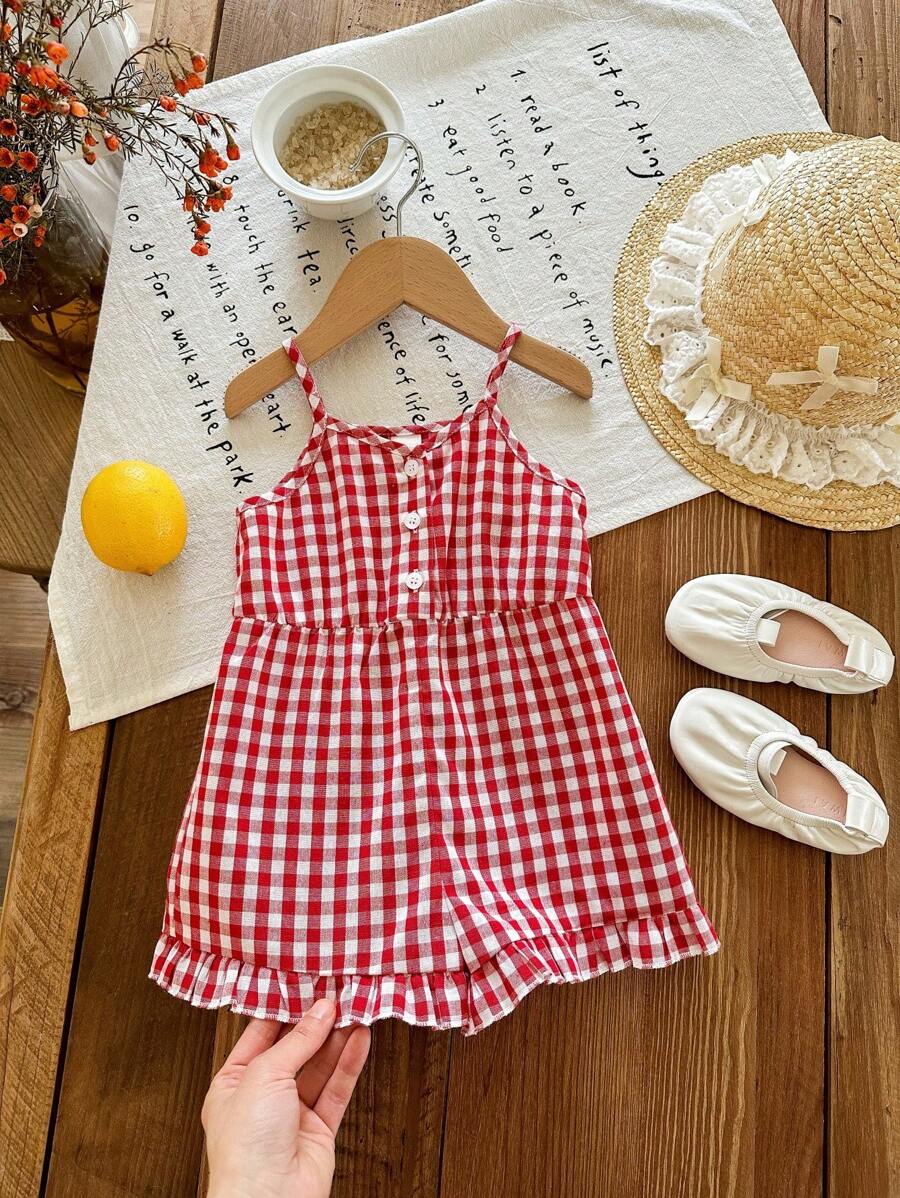SHEIN Babygirl 可爱红色格子吊带背心连体衣，休闲夏季 - 紅白色 - 查看 1