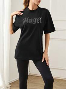 Cloudara Camiseta de hombros caídos con diamante de imitación con patrón de letra - Negro - Ver 4