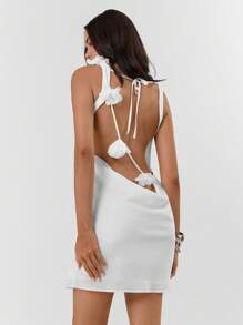 Aloruh 女士新款缎面纯白色露肩露背花卉装饰鸡尾酒会礼服，优雅性感中长连衣裙，适合约会、派对、婚礼、春夏舞会礼服婚礼宾客礼服女士夏季连衣裙