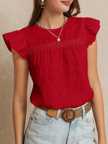 Poéselle Mùa cưới nghỉ hè, Áo cánh trơn viền bèo nhún tuyệt đẹp, Mùa hè, Áo dễ thương, Lãng mạn thanh lịch, Phong cách Boho Chic, Phong cách thường ngày, Thiết yếu, Mùa hè, Mùa cưới - Đỏ - Xem 2