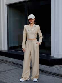 RueChic Double Breasted Crop Blazer & Wide Leg Pants - Beige - View 7