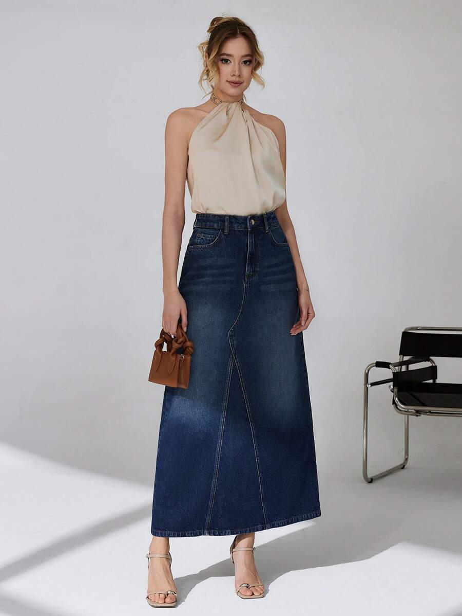 CLARA VERO 100% Cotton Low Waist Washed Strong Denim Skirt - Dark Wash - View 1