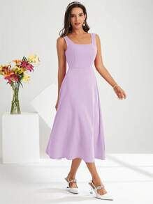 SHEIN Clasi 女士方领无袖优雅纯色连衣裙 - 淡紫色 - 查看 4