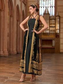 Al Najma Women's Elegant Spring/Summer Mesh Robe With Neck Tie, Arabic Style Set - Black - View 4