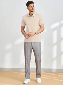Manfinity VCAY Men's Casual Knitted Form-Fitting Raglan Zip-Up Short Sleeve Polo Shirt, Suitable For Everyday Wear - Khaki - View 6
