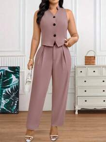 SHEIN LUNE Plus Size Women Minimalist Sleeveless Vest & Blazer Suit Outfit