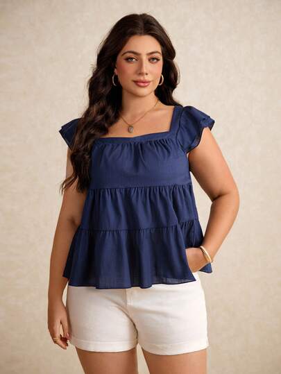 Elaquor Plus Size Back To School Clothes,Bridgerton Summer Casual Square Neckline Shirt With Ruffle Trim