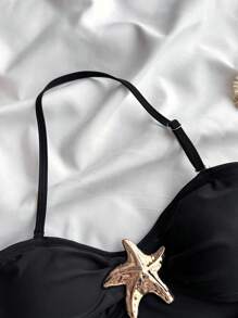 SHEIN 青少年女孩黑色 1 件装可拆卸肩带镂空海星点缀褶皱连体泳衣夏季、海滩 - 黑色 - 查看 3