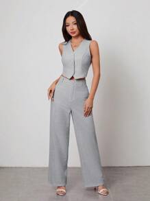 SHEIN PETITE 粉色西装背心上衣、直筒长裤、女士优雅西装套装 - 灰色 - 查看 4