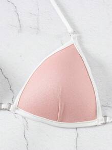 Swim SXY 2 Stücke Damen Solide Gepolstert Push-Up Glitzer Seitlich Gebundene Bandeau Bikini Set für den Strandurlaub - Pink - Übersicht 6