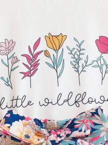 SHEIN 2pcs/Set Young Girl Flower Print Top And Shorts Casual Vacation Outfit, School, Campus, College