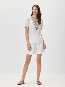 Miaspire Women's Vacation Casual Puff Sleeve Printed Shirt, Fall Women Clothes - Khaki - View 5