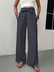 Solid Color Paper Bag Waist Drawstring Pockets Casual Pants - Dark Grey - View 1