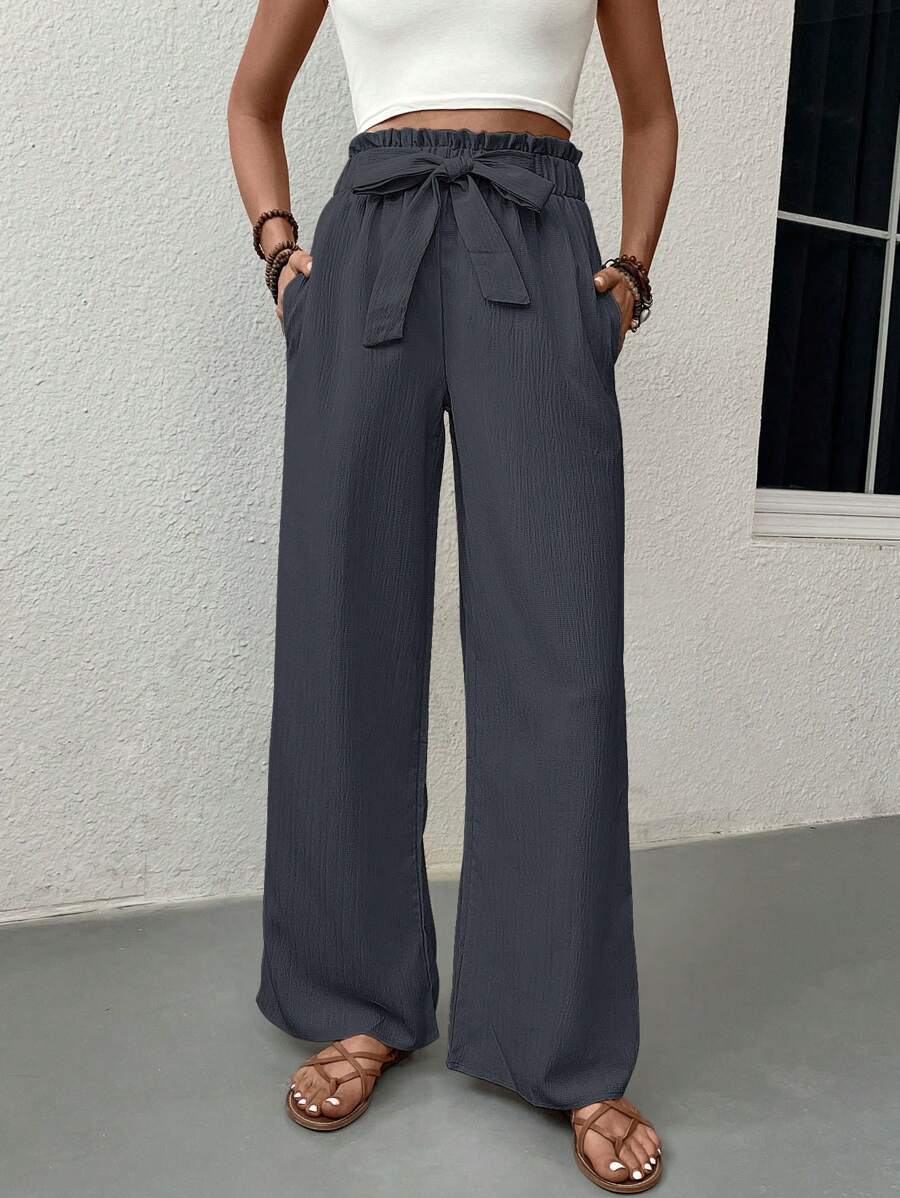 Solid Color Paper Bag Waist Drawstring Pockets Casual Pants - Dark Grey - View 1