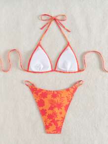 Swim Vcay Random Print Ruched Neck Triangle Top And Adjustable Side Tie Bottoms Bikini Set For Summer Beach Vacation - Multicolor - View 4