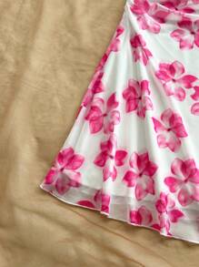SHEIN 青少年女孩海滩休闲度假优雅花卉印花修身褶饰舒适弹力网眼印花荷叶边下摆 A 字吊带连衣裙，可爱粉色花卉夏装 - 粉色 - 查看 3