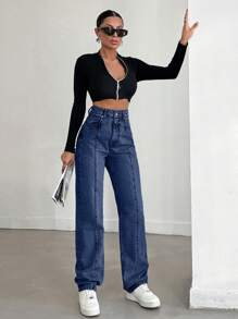 SHEIN Cottnline 100%Cotton Solid Color Straight Leg Jeans - Medium Wash - View 3