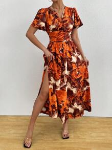 Chiquease Holiday Women's Boho Romantic Beach Women Outfits Concert Outfit Women Holiday Casual V-Neck Short Sleeves Retro Large Flower Orange Brown Retro Print Retro Print Waist Slim Back Flared Side Slit A-Line Long 2025 New Dress - Orange - View 7