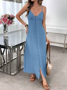 SHEIN LUNE Đầm màu xanh lá cây nhạt, chất liệu giống vải lanh, thân thiện với da, thích hợp cho kỳ nghỉ hè của nữ, kiểu dáng thường ngày. - Màu xanh lam - Xem 7