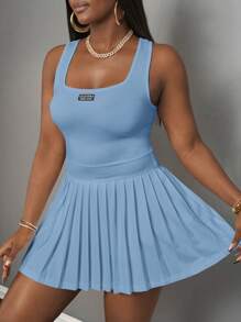 Slaydiva 全新春夏休闲简约基本款U领工装背心配黑标白字百褶裙含短裤和裤裙白色针织面料女式迷你连衣裙-A - 藍色 - 查看 5